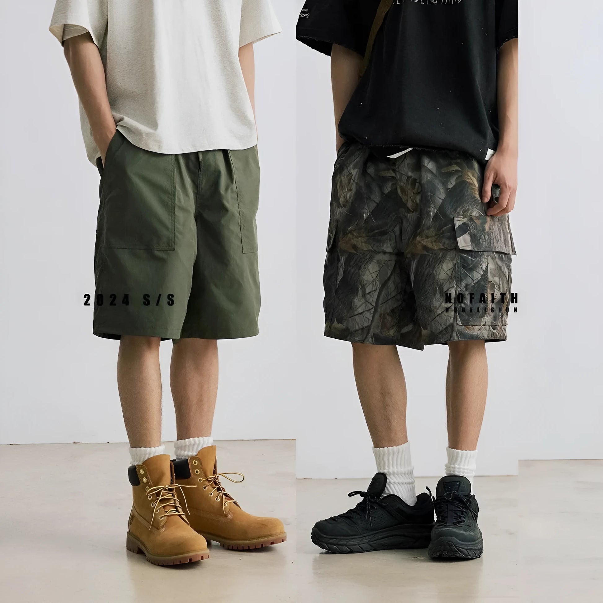 Loose straight-leg denim shorts for teenagers in army green, showing elastic waistband and zip fly.