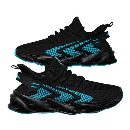 Men's summer mesh running casual shoes with front tie, flat heel, EVA insole and injection sole, in black, blue or grey