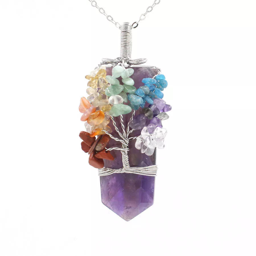 Crystal Column Tree of Life Winding Pendant Necklace in various natural crystal colors