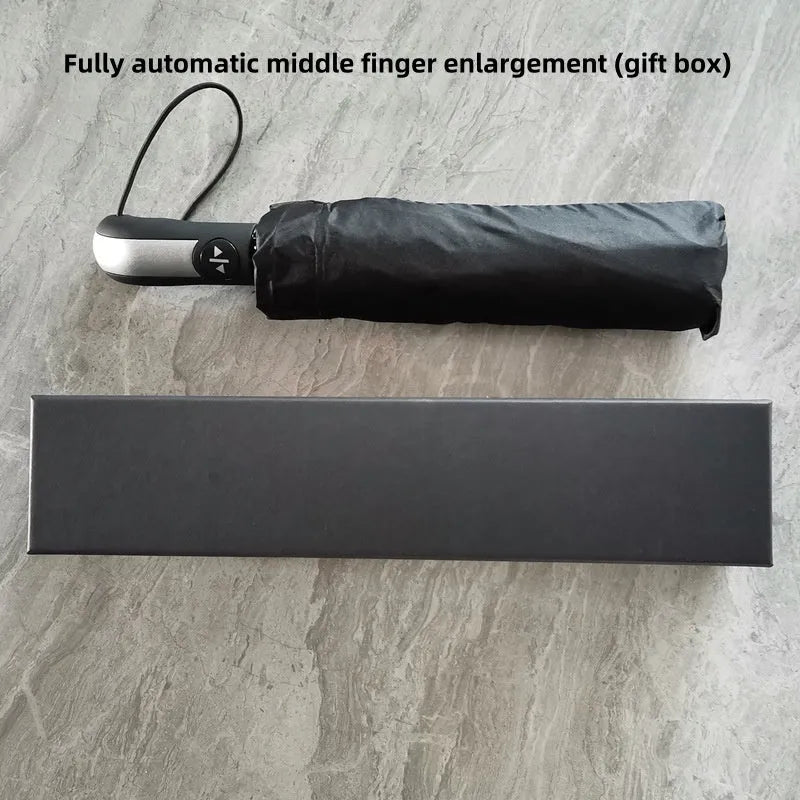 Folding umbrella showing tri-fold design with gesture motif and plastic handle