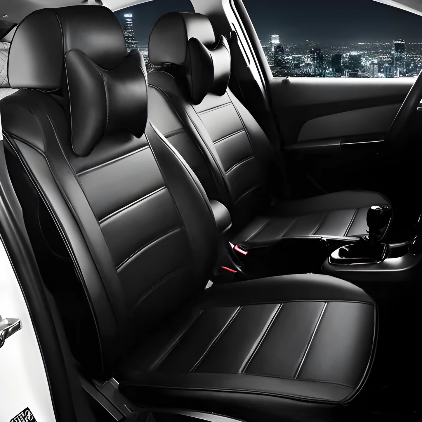 Genuine cow leather car seat cover in beige, shown fitted on a car seat with binding detail.