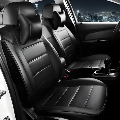 Genuine cow leather car seat cover in beige, shown fitted on a car seat with binding detail.