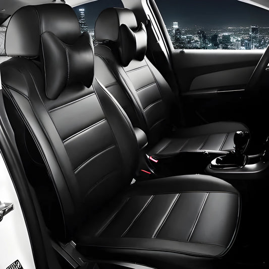 Genuine cow leather car seat cover in beige, shown fitted on a car seat with binding detail.