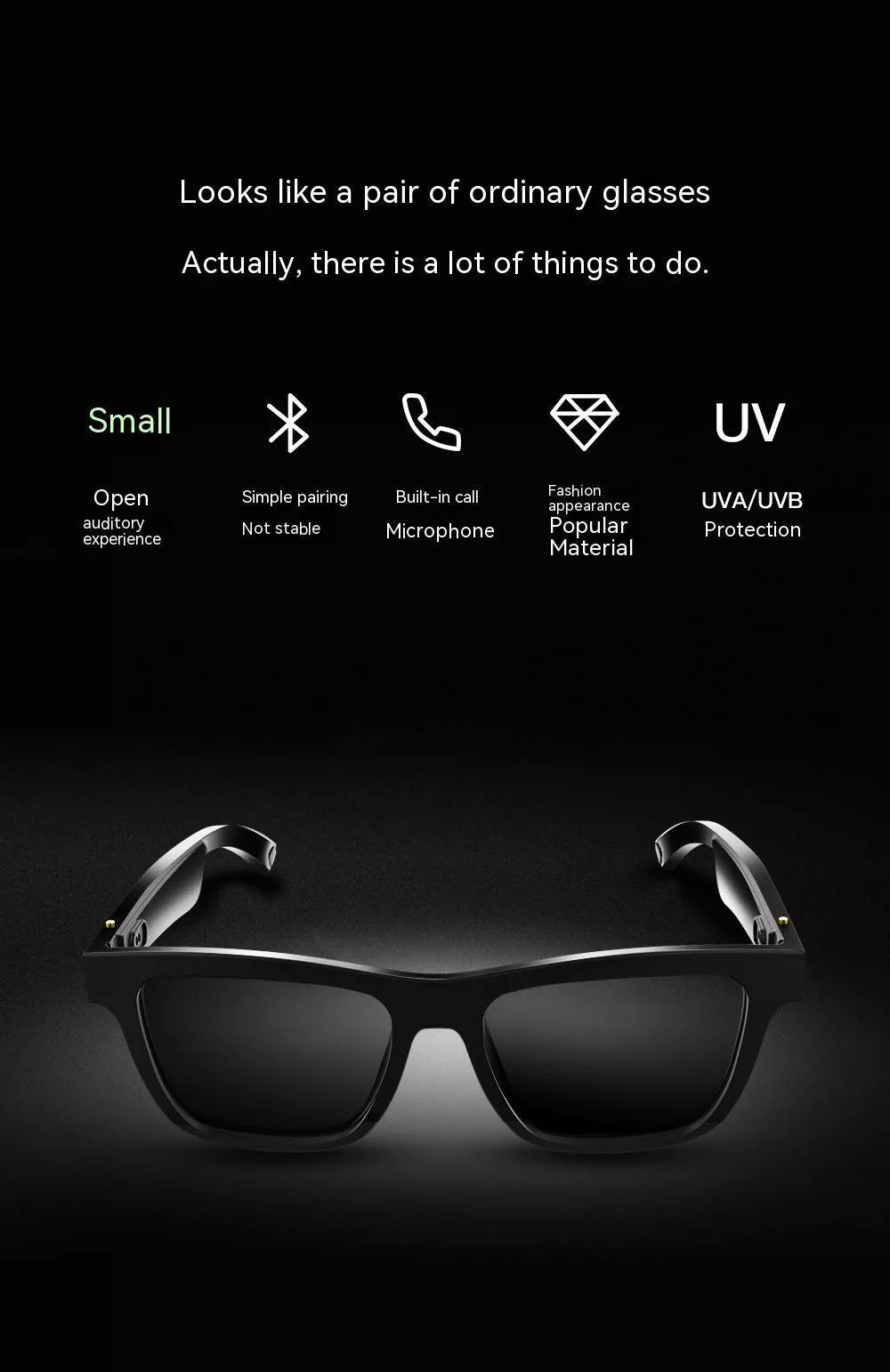 Black and Transparent Bluetooth Smart Glasses with TR90 Frame