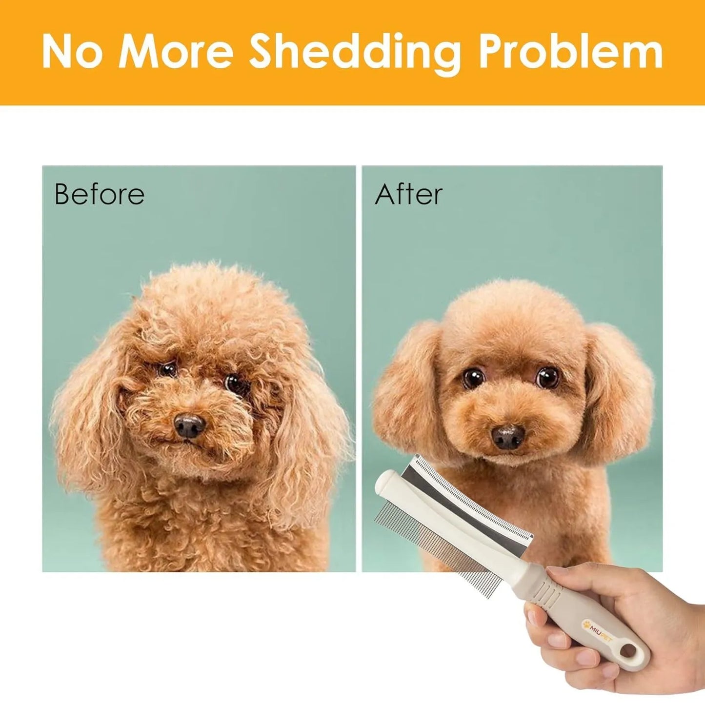 White 2-in-1 dog and cat deshedding brush with curved comb and anti-slip handle for grooming