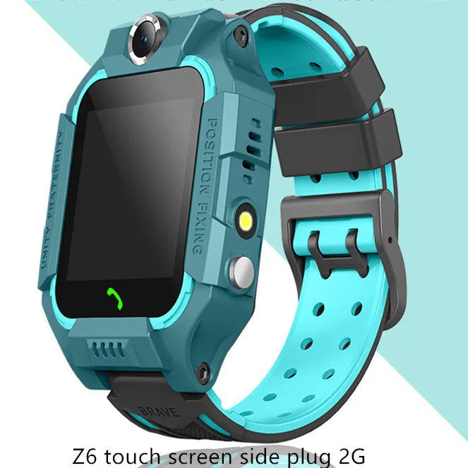 Z6 children smart watch with silicone strap, 128 x 128 touchscreen, and colour options in blue, pink, purple, and red