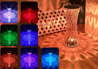 Crystal diamond-style acrylic table lamp with RGB colour touch controls and USB charging cable
