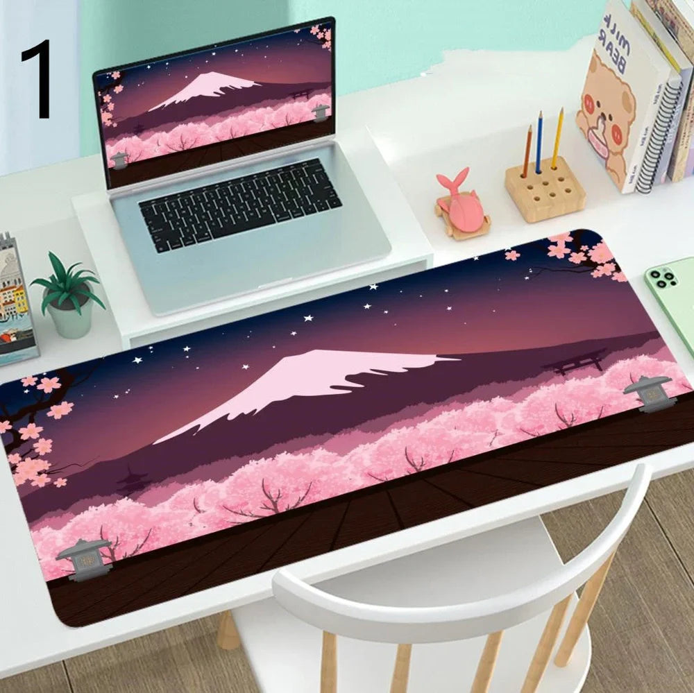 Large gaming mouse mat with printed design on rubber base, multiple size options from 300x600mm to 400x900mm