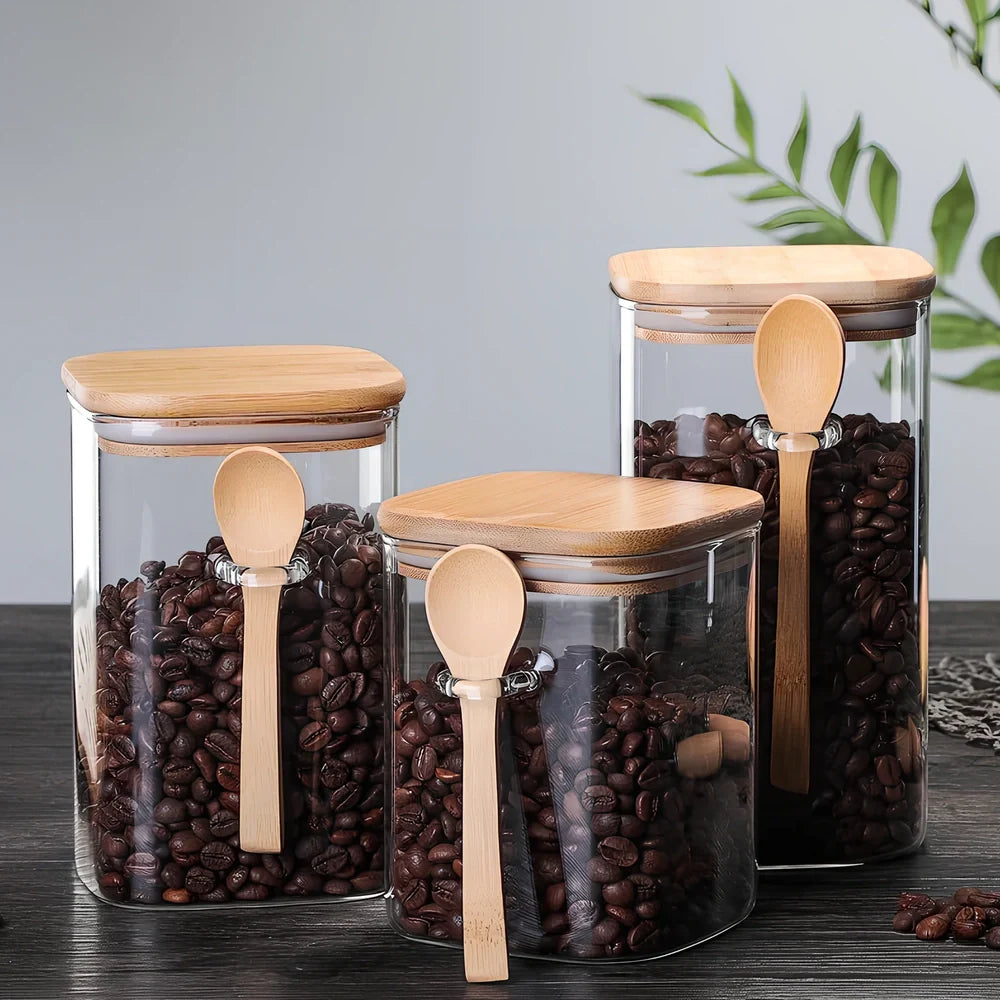Square glass food storage cans with Japanese design in 800ml, 1000ml, and 1200ml capacity options