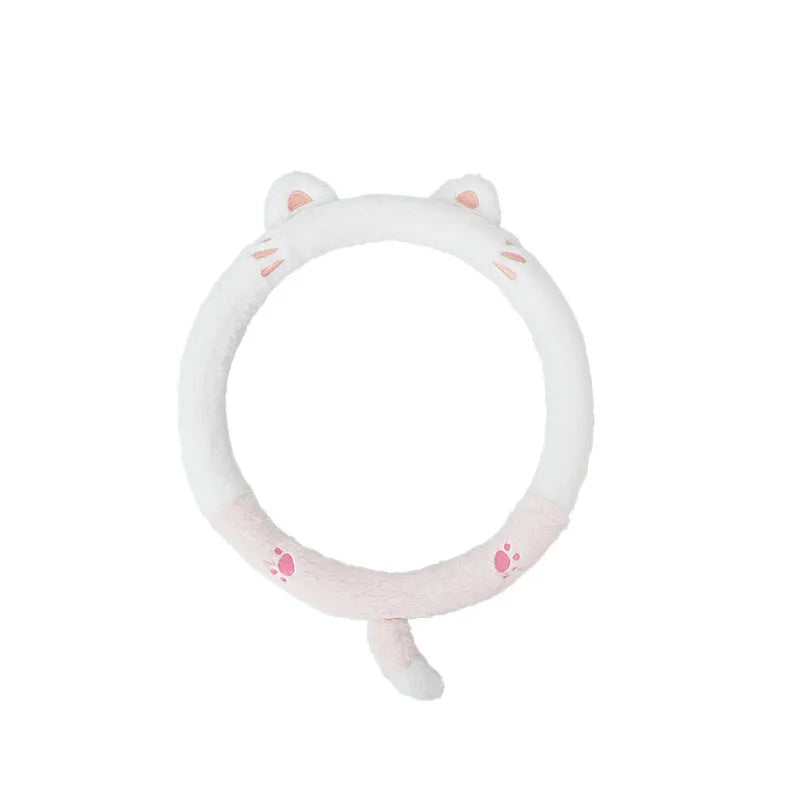 Plush steering wheel cover with rabbit fur embroidery showing cartoon animal design on 38cm diameter