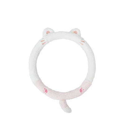 Plush steering wheel cover with rabbit fur embroidery showing cartoon animal design on 38cm diameter