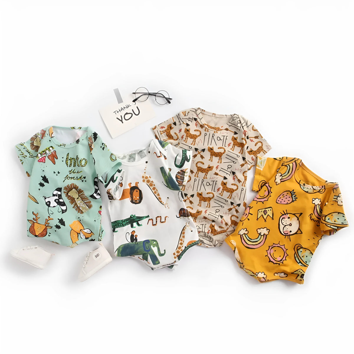 100% cotton short sleeve baby bodysuit in green animal forest print, sizes 0-6m to 2-3T