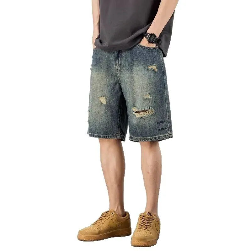 Men's denim shorts retro loose hole distressed straight cut casual blue denim shorts with micro-elastic comfort in Asian size guide S-3XL