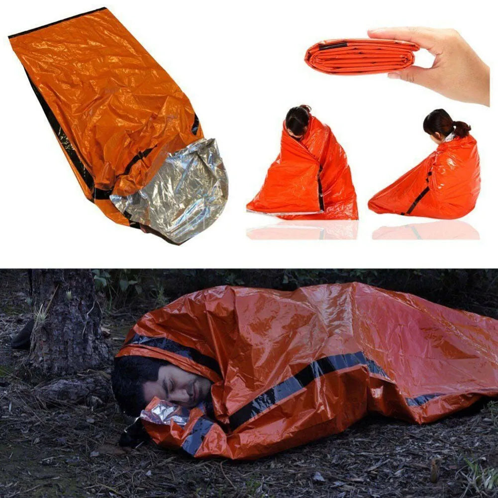 Reusable emergency sleeping bag in PE, 200cm x 90cm, waterproof thermal survival bivvy for camping and outdoor use.
