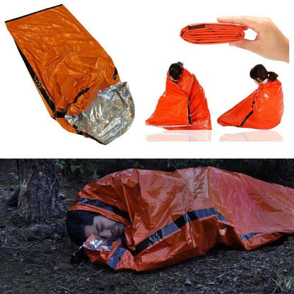 Reusable emergency sleeping bag in PE, 200cm x 90cm, waterproof thermal survival bivvy for camping and outdoor use.