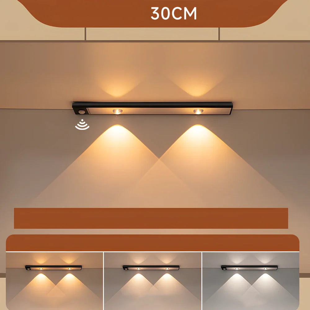 Silver LED inductive light strip, 40cm length, attached to shoe cabinet shelf with 3M adhesive
