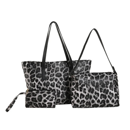 Leopard print tote set with multiple pockets and double shoulder straps