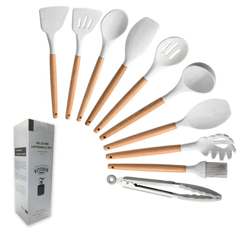 High-Heat Resistant Silicone Cooking Utensils with Sturdy Wooden Handles