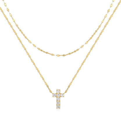 S925 sterling silver double layer twin diamond cross pendant on adjustable 40-45cm chain