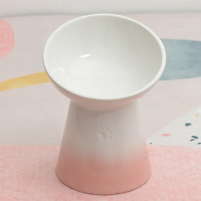 White ceramic pet bowl with high foot neck protector showing 15cm diameter and 8cm height measurement