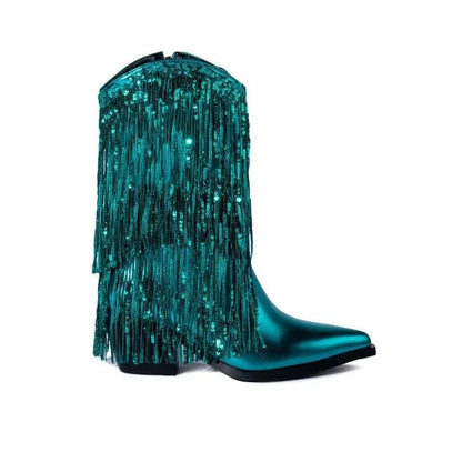 Women's black chunky heel tassel boots with pointed toe and 8cm+ stiletto heel on a neutral background