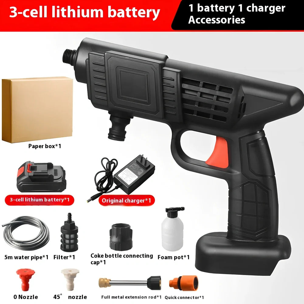 Cordless electric car washing machine with aluminium alloy head and ABS handle, showing nozzle attachments