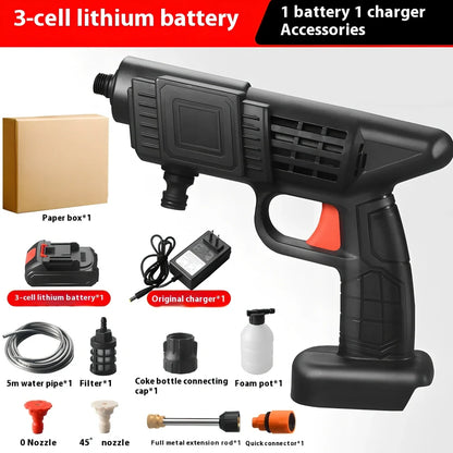 Cordless electric car washing machine with aluminium alloy head and ABS handle, showing nozzle attachments