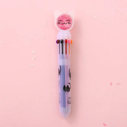 0.5mm ten-colour push pen with cute cat design showing 15cm length