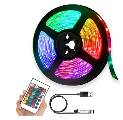 Flexible RGB LED strip lights with Bluetooth control showing colour changing effects on TV backlighting installation