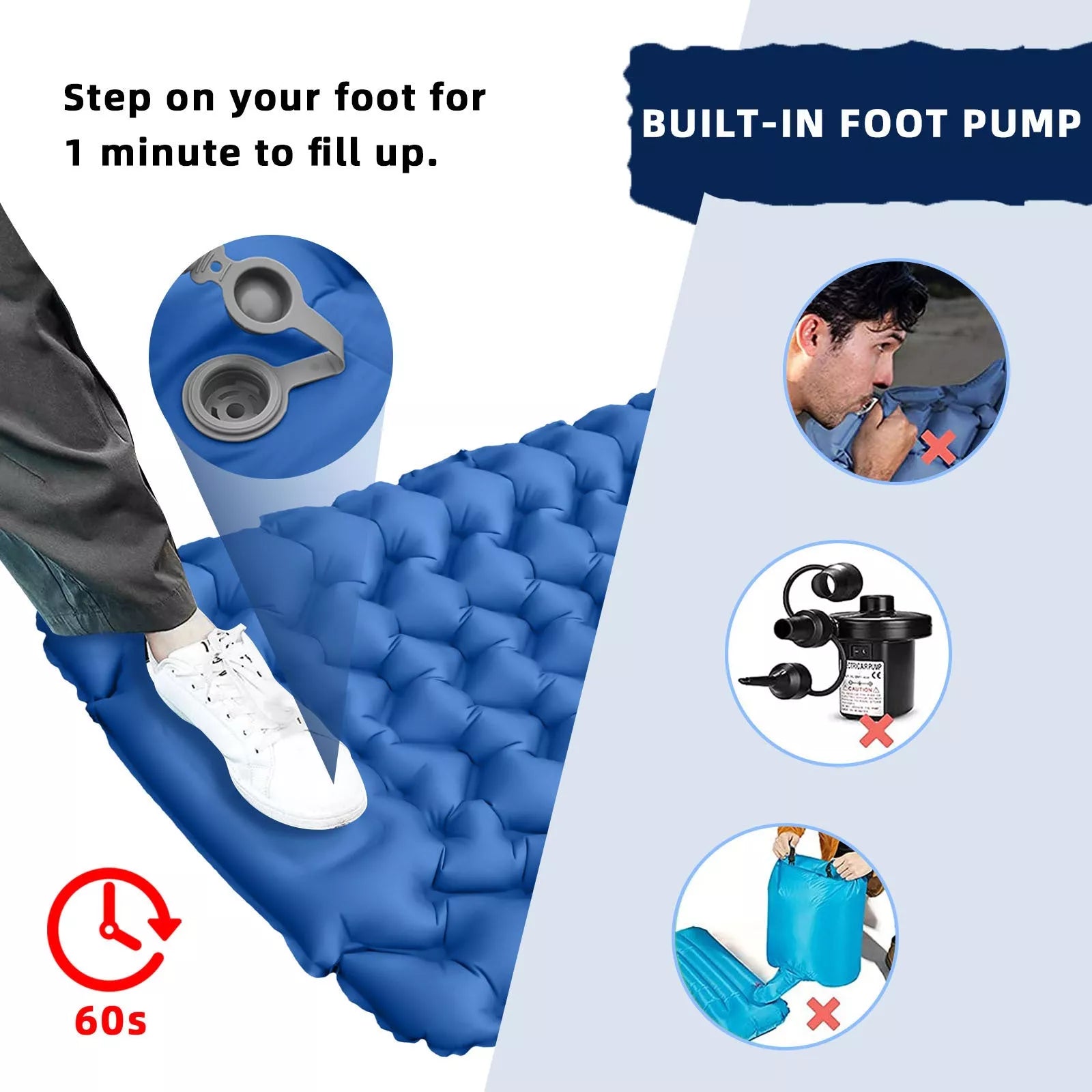 Portable inflatable camping cushion with built-in foot pump in various colors