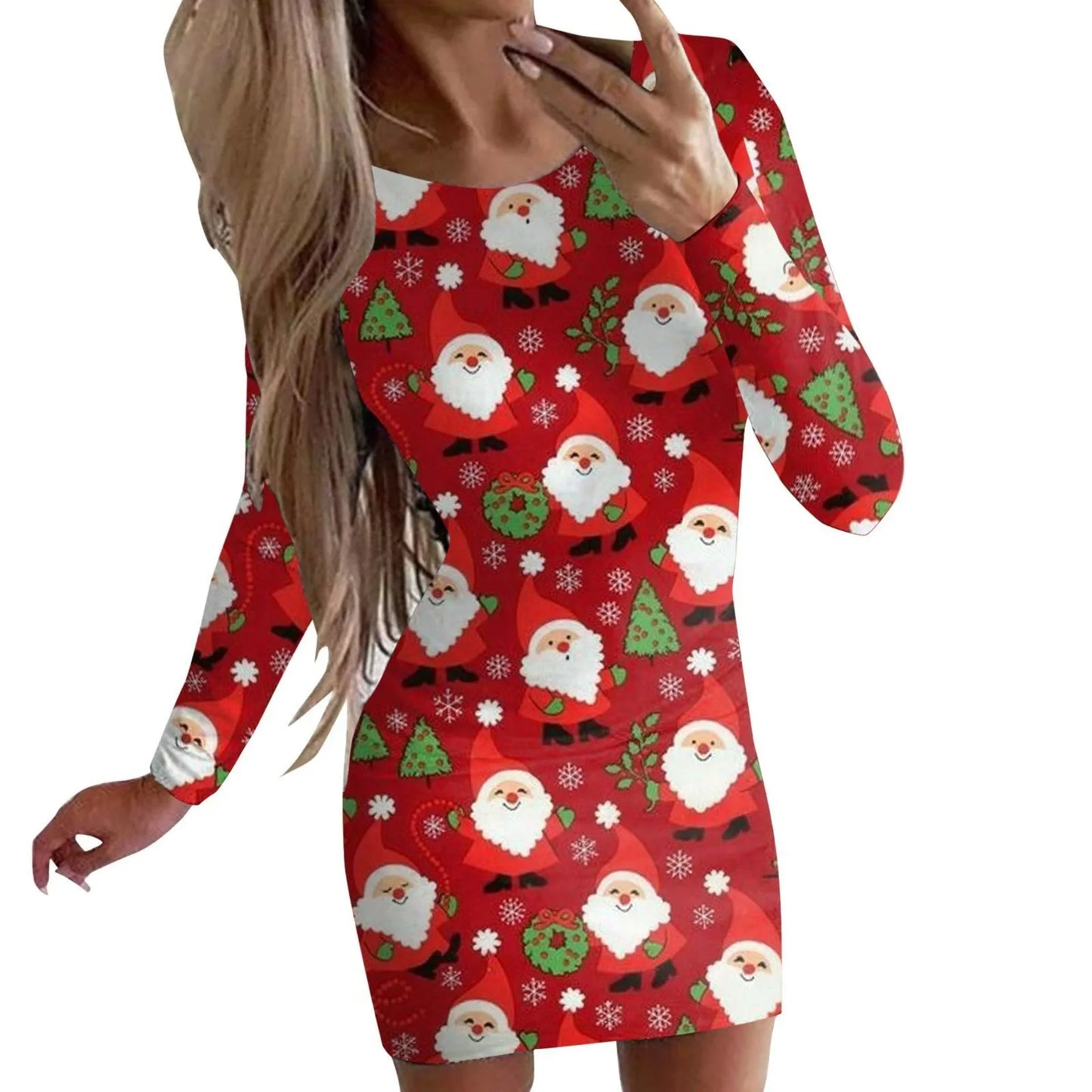Women's Christmas printed dress with animal pattern, round neck, long sleeves, and floral colours