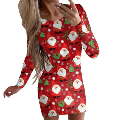 Women's Christmas printed dress with animal pattern, round neck, long sleeves, and floral colours
