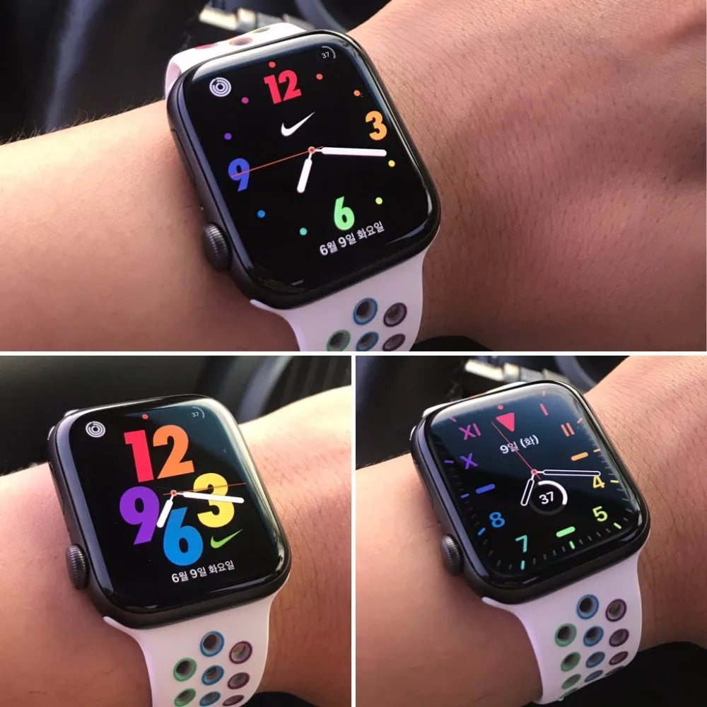Silicone sports wristband with single buckle strap in black, rainbow, or white, sizes 38x40mm and 42x44mm