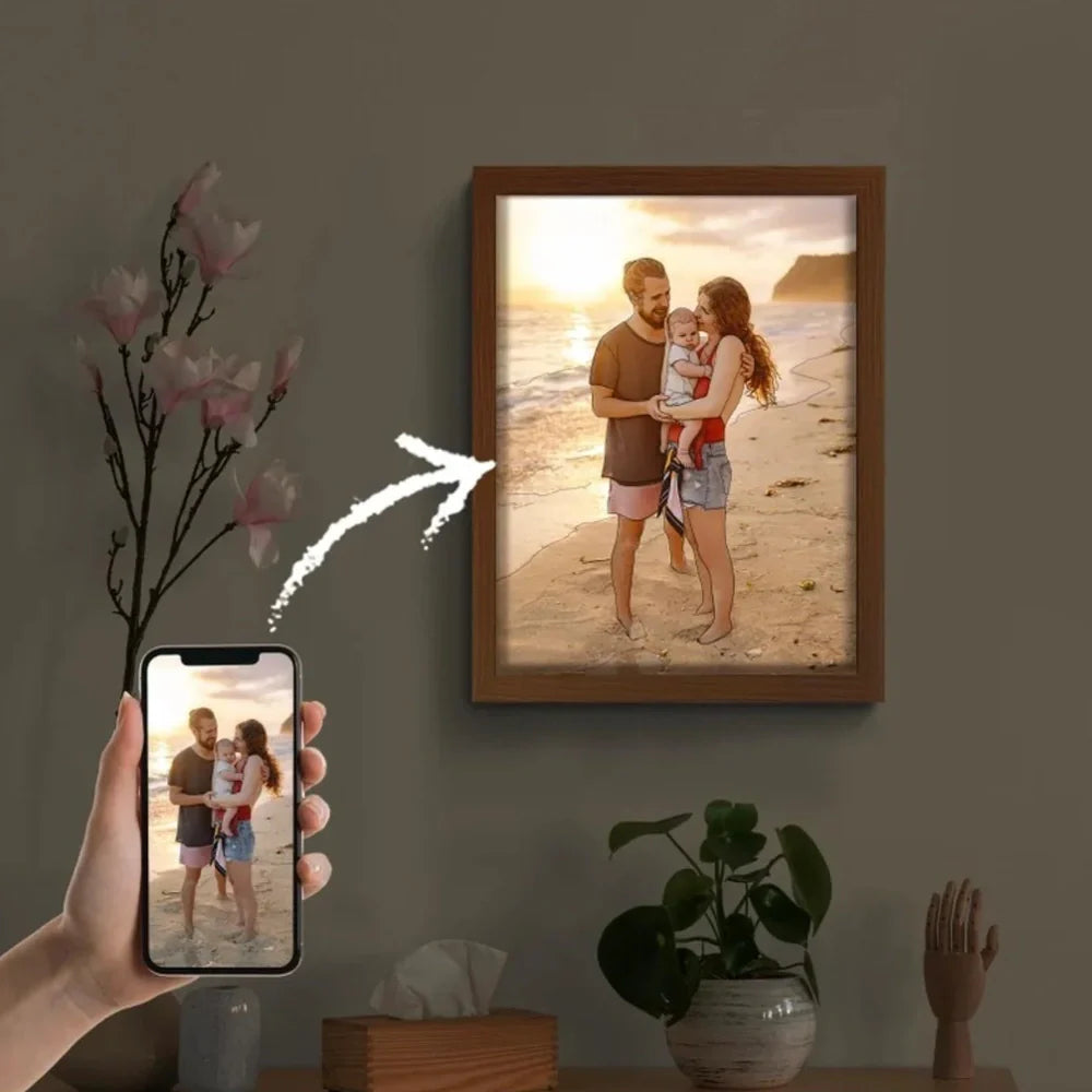 Personalised LED photo frame displaying custom black-and-white sketch with tri-colour lighting options