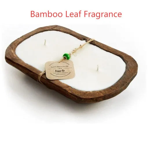 Retro wooden basin containing a lavender-scented soy wax candle with three visible wicks.
