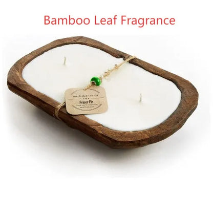 Retro wooden basin containing a lavender-scented soy wax candle with three visible wicks.