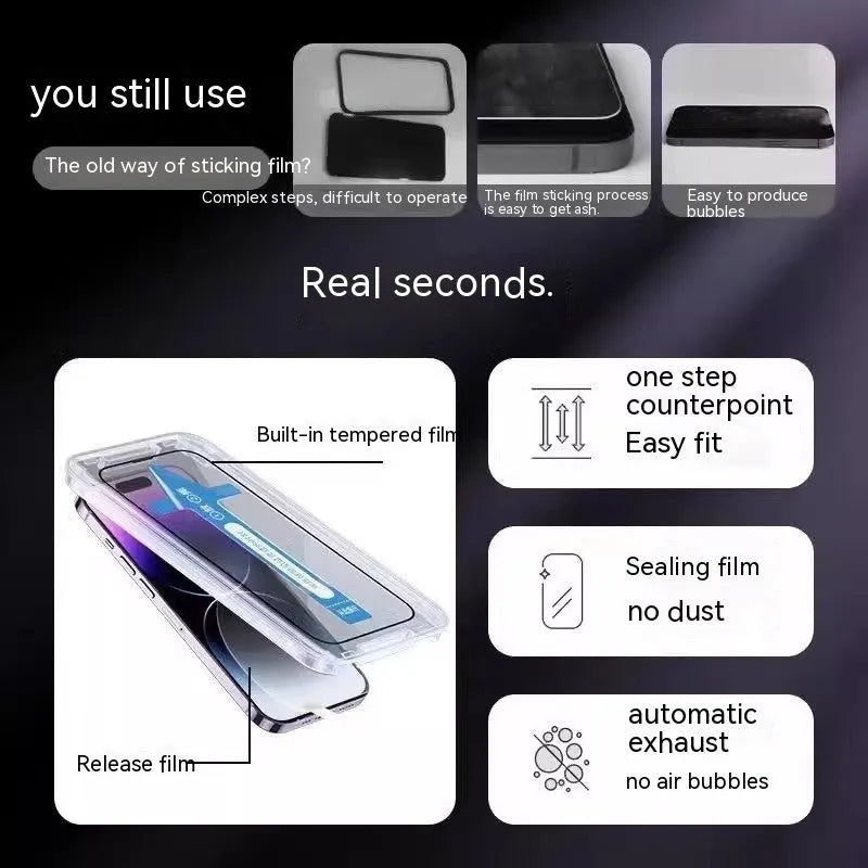 Tempered glass screen protector for iPhone with sticker box, available in HD clear or 28° anti-peep styles.