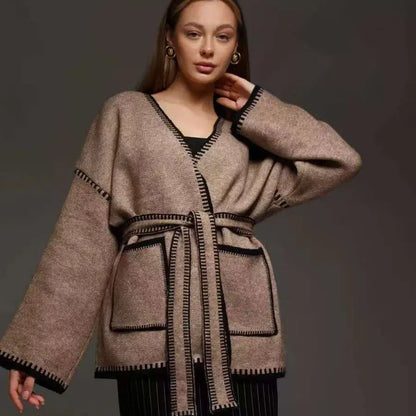 Lace-up knitted cardigan in camel colour with loose mid-length design and imitation cashmere fabric
