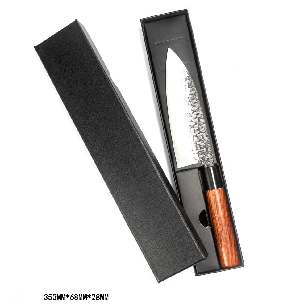 Handmade hammered forged Santoku knife with 18cm stainless steel blade and full tang handle