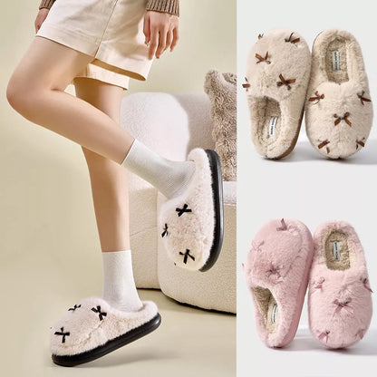 Women's plush butterfly knot slippers with memory foam insole in milk tea, cloud white, and sweetheart pink