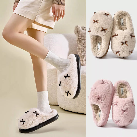 Women's plush butterfly knot slippers with memory foam insole in milk tea, cloud white, and sweetheart pink