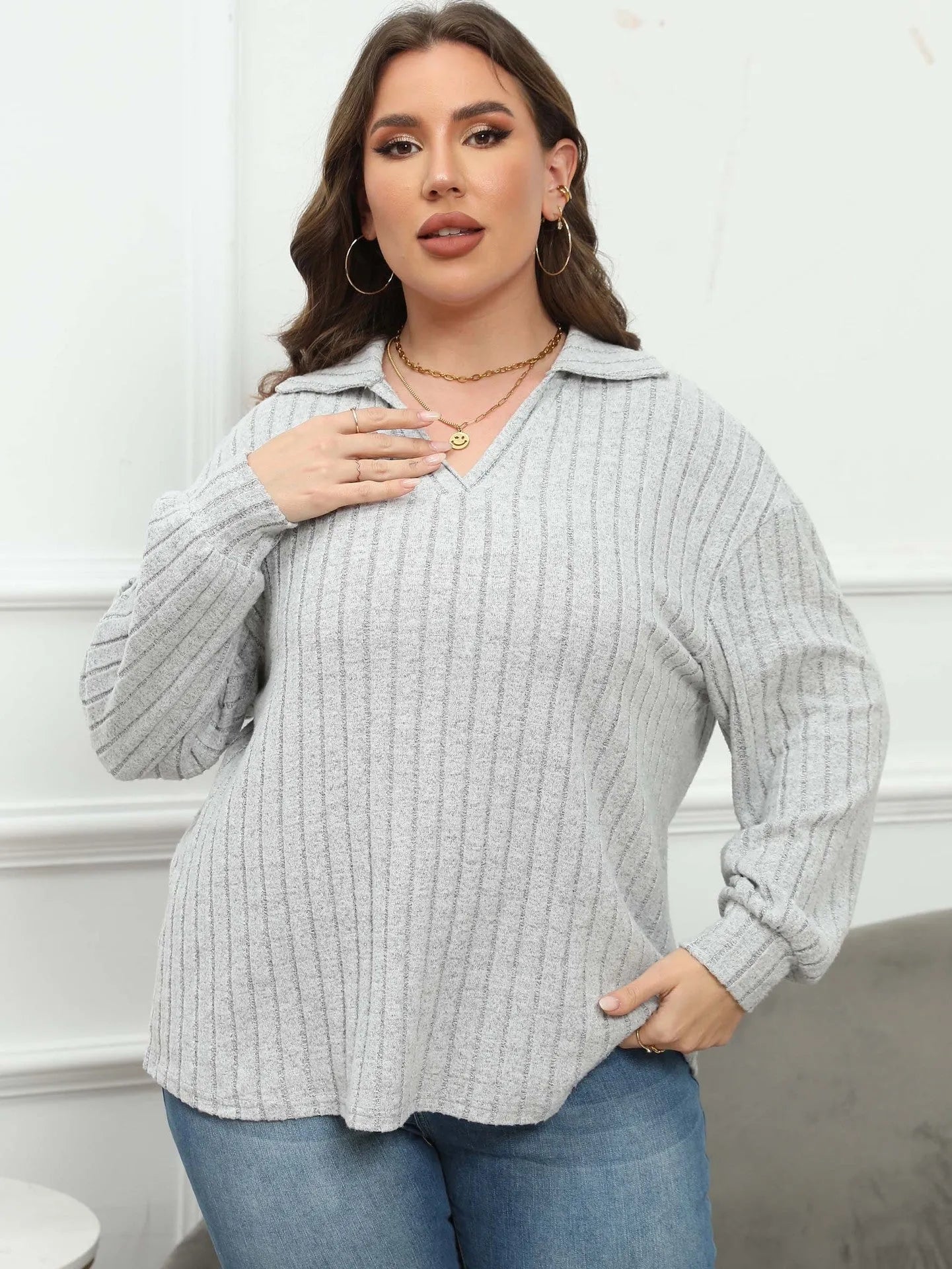 Women's plus size polo collar shirt in melange gray with lantern sleeves and street fashion Gothic style