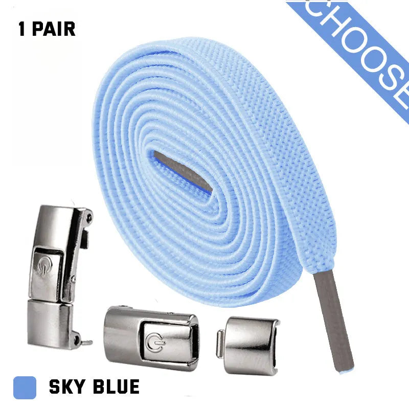 A pair of black widened flat elastic shoelaces with a silver press lock buckle on a white background.