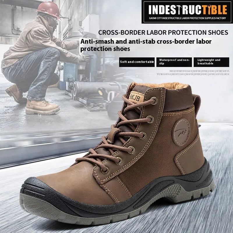 Lightweight orange and grey safety shoes with leather upper and rubber sole on a work floor.
