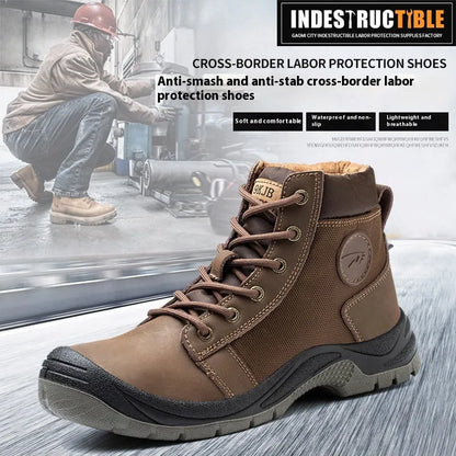 Lightweight orange and grey safety shoes with leather upper and rubber sole on a work floor.