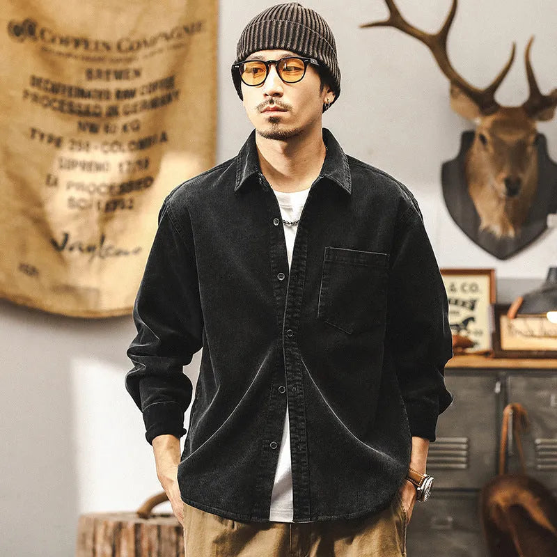 Men's red corduroy shirt jacket with loose fit and long sleeves