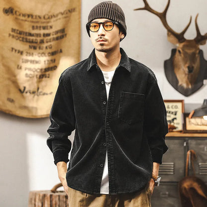 Men's red corduroy shirt jacket with loose fit and long sleeves
