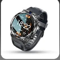 Sports smartwatch with dual cameras on a wrist, showing its touch screen interface.