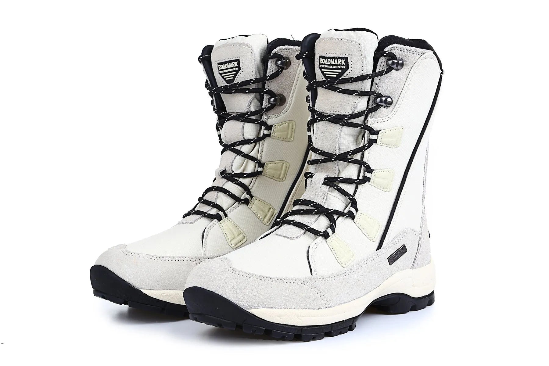 Women's mid-calf thermal snow boots in black with genuine leather upper and rubber sole for winter