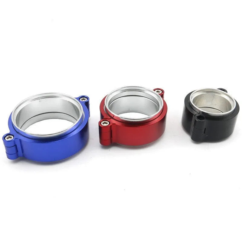 Aluminium fixed movement clamp for turbine exhaust downspouts in black, blue, or red colours showing 800psi pressure rating
